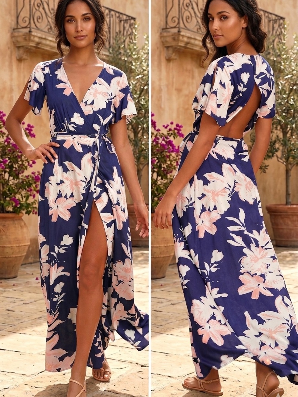 Lulus Azalea Regalia Navy Blue Floral Print Wrap Maxi Dress size Medium
